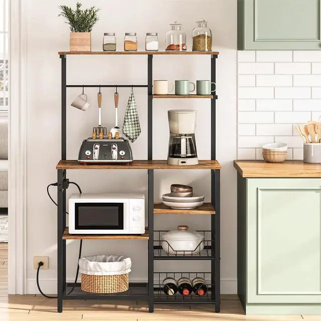 Alt view image 2 of 7 - Large Bakers Rack with Power Outlets, 6-Tier Microwave Stand with 4 Hooks, Coffee Bar, Kitchen Shelf with Wire Basket, for Kitchen, Living Room, Office, Rustic Brown and Black BF64UHB01