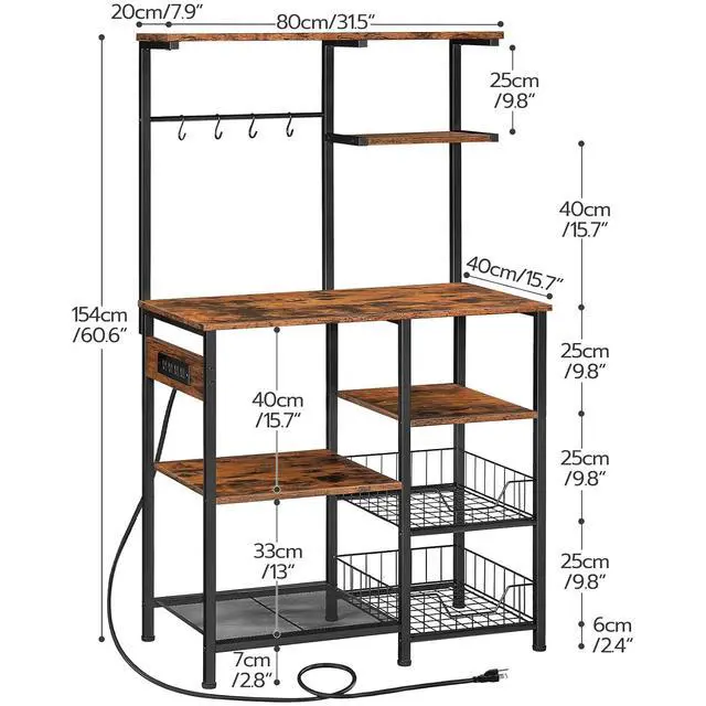 Alt view image 3 of 7 - Large Bakers Rack with Power Outlets, 6-Tier Microwave Stand with 4 Hooks, Coffee Bar, Kitchen Shelf with Wire Basket, for Kitchen, Living Room, Office, Rustic Brown and Black BF64UHB01