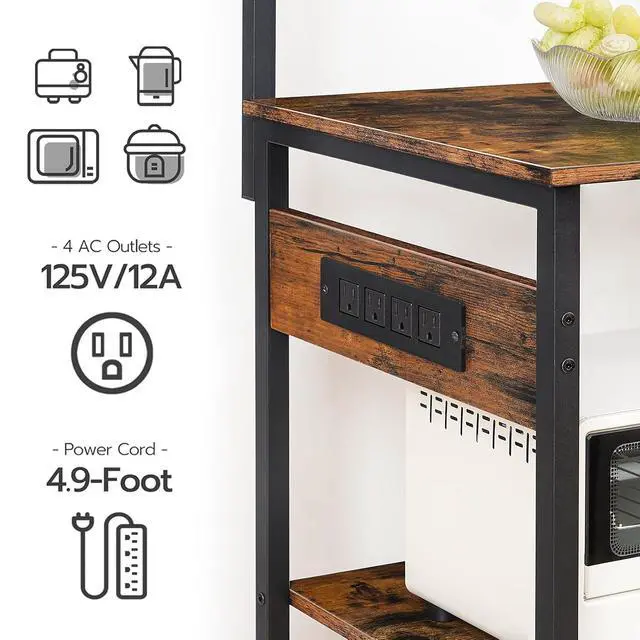 Alt view image 4 of 7 - Large Bakers Rack with Power Outlets, 6-Tier Microwave Stand with 4 Hooks, Coffee Bar, Kitchen Shelf with Wire Basket, for Kitchen, Living Room, Office, Rustic Brown and Black BF64UHB01