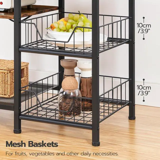 Alt view image 6 of 7 - Large Bakers Rack with Power Outlets, 6-Tier Microwave Stand with 4 Hooks, Coffee Bar, Kitchen Shelf with Wire Basket, for Kitchen, Living Room, Office, Rustic Brown and Black BF64UHB01