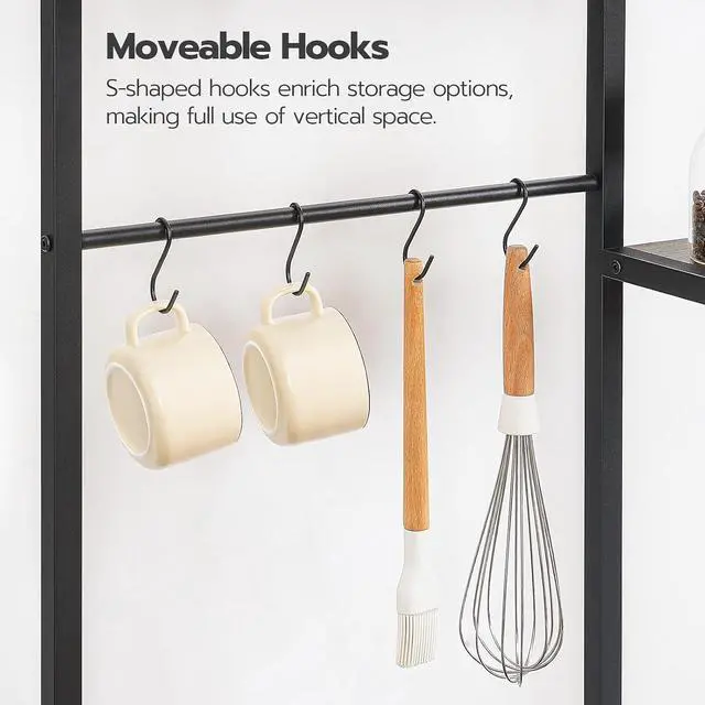 Alt view image 7 of 7 - Large Bakers Rack with Power Outlets, 6-Tier Microwave Stand with 4 Hooks, Coffee Bar, Kitchen Shelf with Wire Basket, for Kitchen, Living Room, Office, Rustic Brown and Black BF64UHB01
