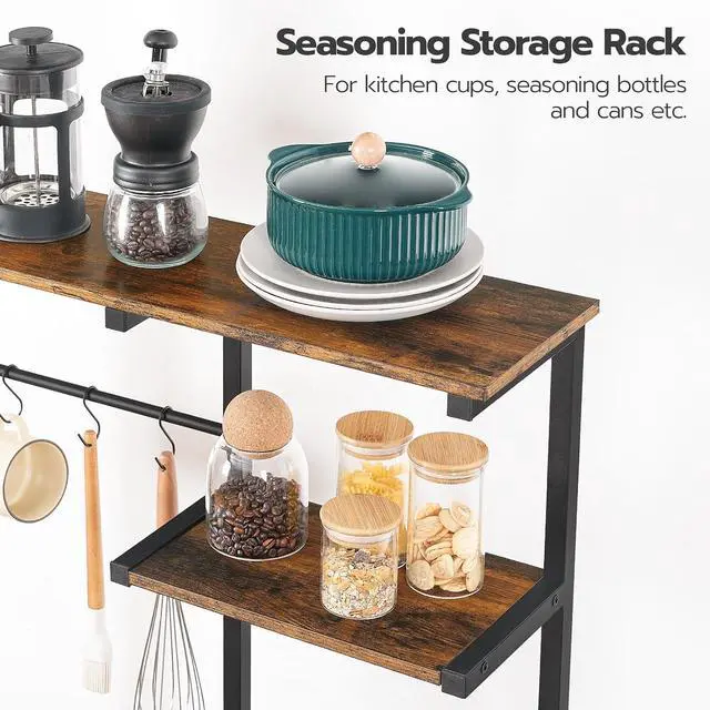 Alt view image 5 of 7 - Large Bakers Rack with Power Outlets, 6-Tier Microwave Stand with 4 Hooks, Coffee Bar, Kitchen Shelf with Wire Basket, for Kitchen, Living Room, Office, Rustic Brown and Black BF64UHB01