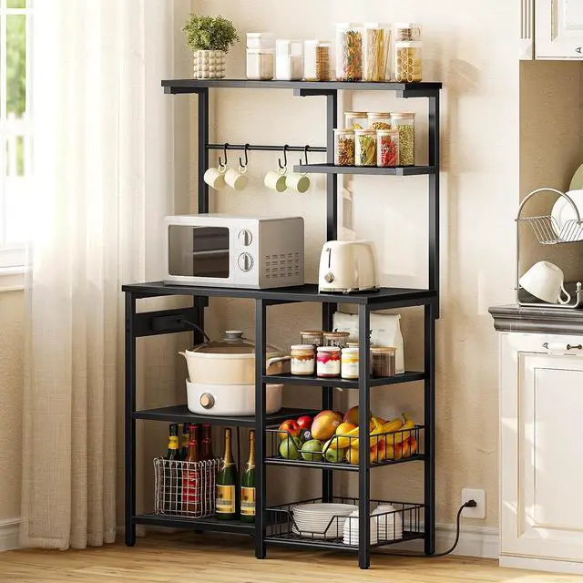 Alt view image 2 of 7 - Large Bakers Rack with Power Outlets, 6-Tier Microwave Stand with 4 Hooks, Coffee Bar, Kitchen Shelf with Wire Basket, for Kitchen, Living Room, Office, Black BB64UHB01