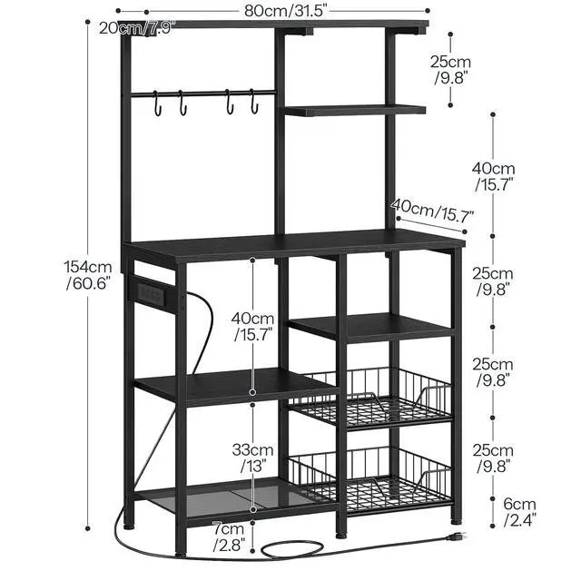 Alt view image 3 of 7 - Large Bakers Rack with Power Outlets, 6-Tier Microwave Stand with 4 Hooks, Coffee Bar, Kitchen Shelf with Wire Basket, for Kitchen, Living Room, Office, Black BB64UHB01