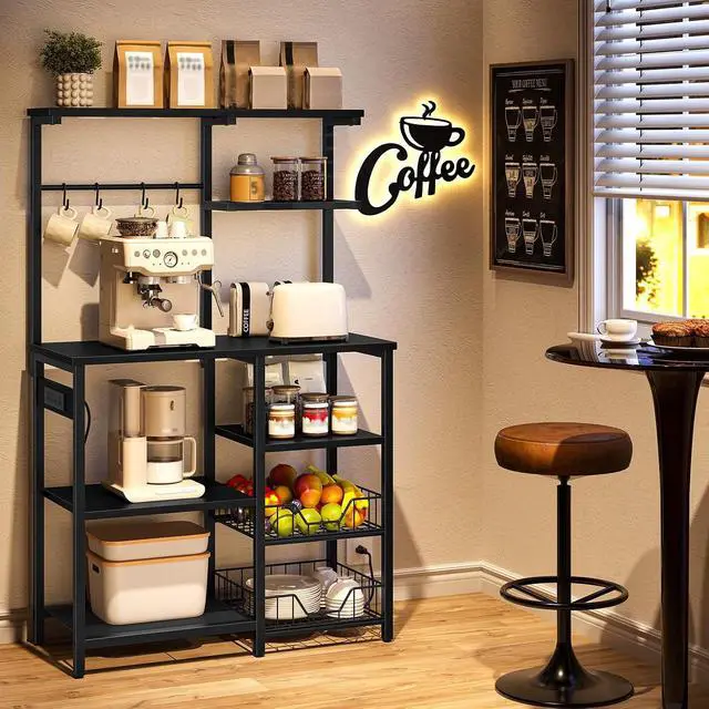 Alt view image 5 of 7 - Large Bakers Rack with Power Outlets, 6-Tier Microwave Stand with 4 Hooks, Coffee Bar, Kitchen Shelf with Wire Basket, for Kitchen, Living Room, Office, Black BB64UHB01