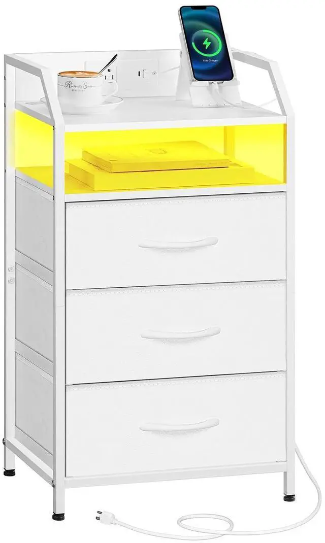 Main image of White Nightstand with Charging Station, End Table with 1 AC Outlet, 1 USB Port, and 1 Type-C Port, Bedside Table with LED Light Strip and 3 Non-Woven Drawers, for Bedroom, White WT013UDBZ01