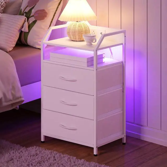 Alt view image 2 of 7 - White Nightstand with Charging Station, End Table with 1 AC Outlet, 1 USB Port, and 1 Type-C Port, Bedside Table with LED Light Strip and 3 Non-Woven Drawers, for Bedroom, White WT013UDBZ01