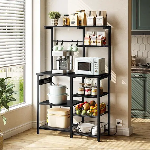 Alt view image 4 of 7 - Large Bakers Rack with Power Outlets, 6-Tier Microwave Stand with 4 Hooks, Coffee Bar, Kitchen Shelf with Wire Basket, for Kitchen, Living Room, Office, Black BB64UHB01