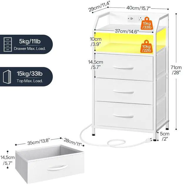 Alt view image 3 of 7 - White Nightstand with Charging Station, End Table with 1 AC Outlet, 1 USB Port, and 1 Type-C Port, Bedside Table with LED Light Strip and 3 Non-Woven Drawers, for Bedroom, White WT013UDBZ01