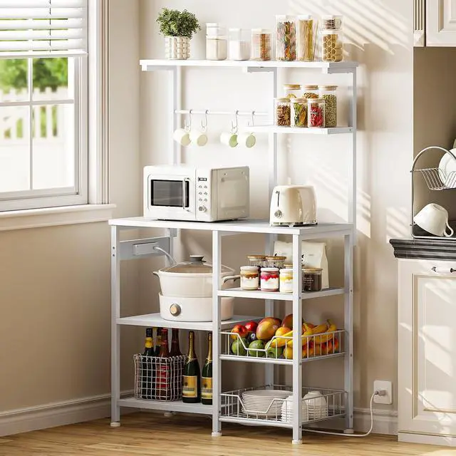 Alt view image 2 of 7 - Large Bakers Rack with Power Outlets, 6-Tier Microwave Stand with 4 Hooks, Coffee Bar, Kitchen Shelf with Wire Basket, for Kitchen, Living Room, Office, White WW64UHB01