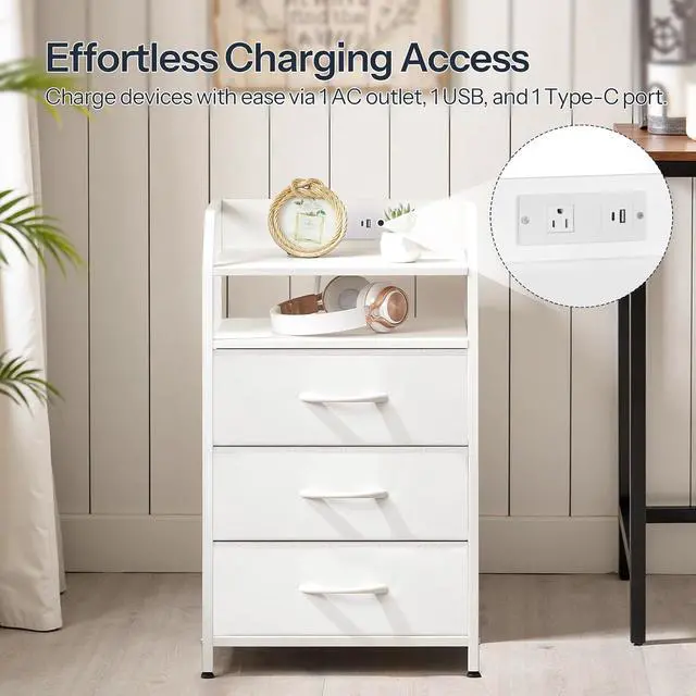 Alt view image 4 of 7 - White Nightstand with Charging Station, End Table with 1 AC Outlet, 1 USB Port, and 1 Type-C Port, Bedside Table with LED Light Strip and 3 Non-Woven Drawers, for Bedroom, White WT013UDBZ01