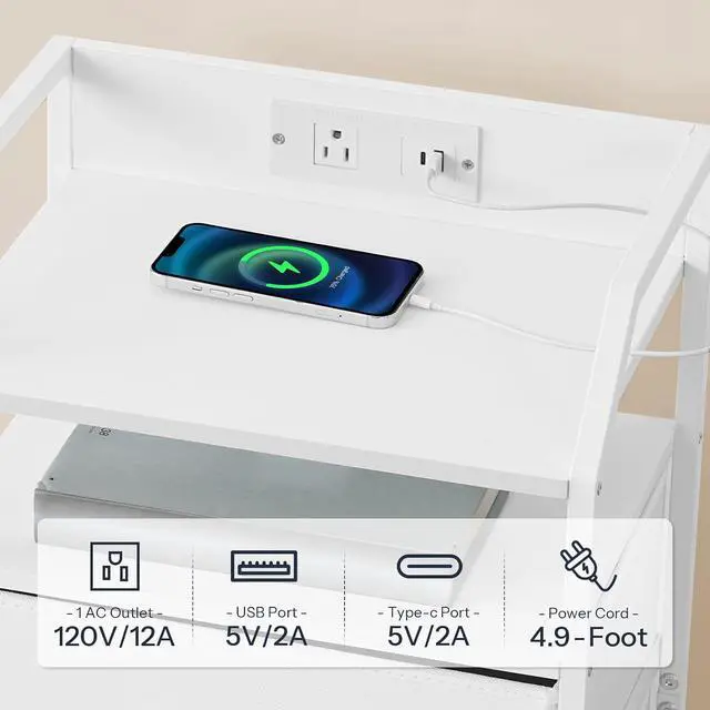 Alt view image 6 of 7 - White Nightstand with Charging Station, End Table with 1 AC Outlet, 1 USB Port, and 1 Type-C Port, Bedside Table with LED Light Strip and 3 Non-Woven Drawers, for Bedroom, White WT013UDBZ01
