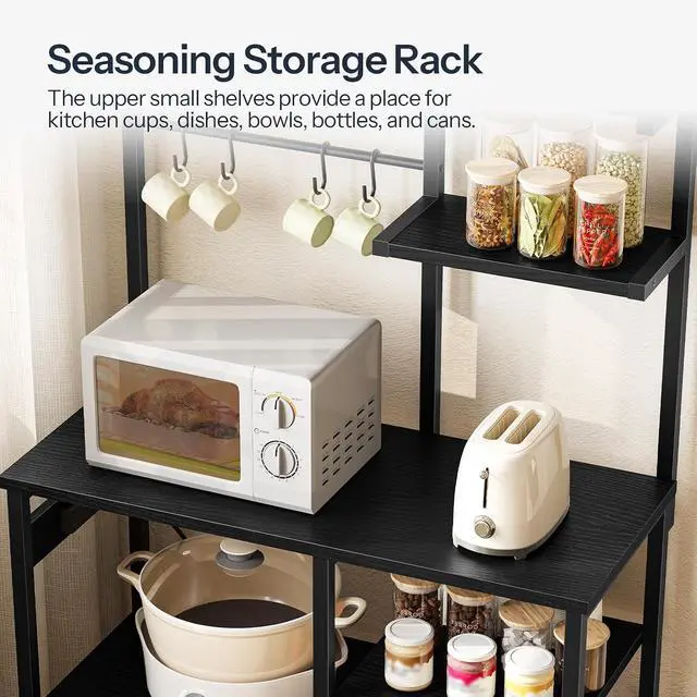Alt view image 7 of 7 - Large Bakers Rack with Power Outlets, 6-Tier Microwave Stand with 4 Hooks, Coffee Bar, Kitchen Shelf with Wire Basket, for Kitchen, Living Room, Office, Black BB64UHB01
