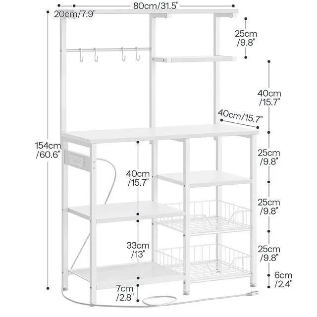 Alt view image 3 of 7 - Large Bakers Rack with Power Outlets, 6-Tier Microwave Stand with 4 Hooks, Coffee Bar, Kitchen Shelf with Wire Basket, for Kitchen, Living Room, Office, White WW64UHB01