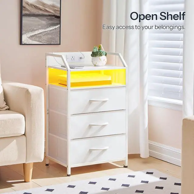Alt view image 5 of 7 - White Nightstand with Charging Station, End Table with 1 AC Outlet, 1 USB Port, and 1 Type-C Port, Bedside Table with LED Light Strip and 3 Non-Woven Drawers, for Bedroom, White WT013UDBZ01