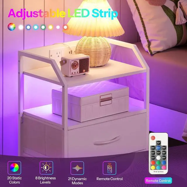 Alt view image 7 of 7 - White Nightstand with Charging Station, End Table with 1 AC Outlet, 1 USB Port, and 1 Type-C Port, Bedside Table with LED Light Strip and 3 Non-Woven Drawers, for Bedroom, White WT013UDBZ01