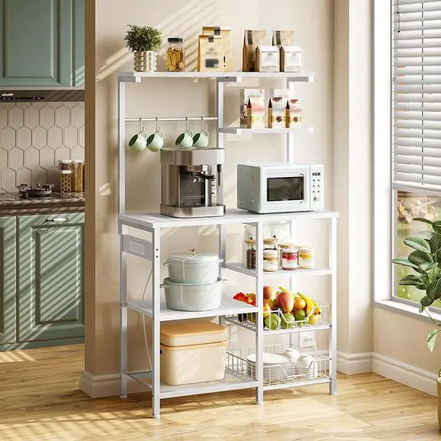 Alt view image 5 of 7 - Large Bakers Rack with Power Outlets, 6-Tier Microwave Stand with 4 Hooks, Coffee Bar, Kitchen Shelf with Wire Basket, for Kitchen, Living Room, Office, White WW64UHB01
