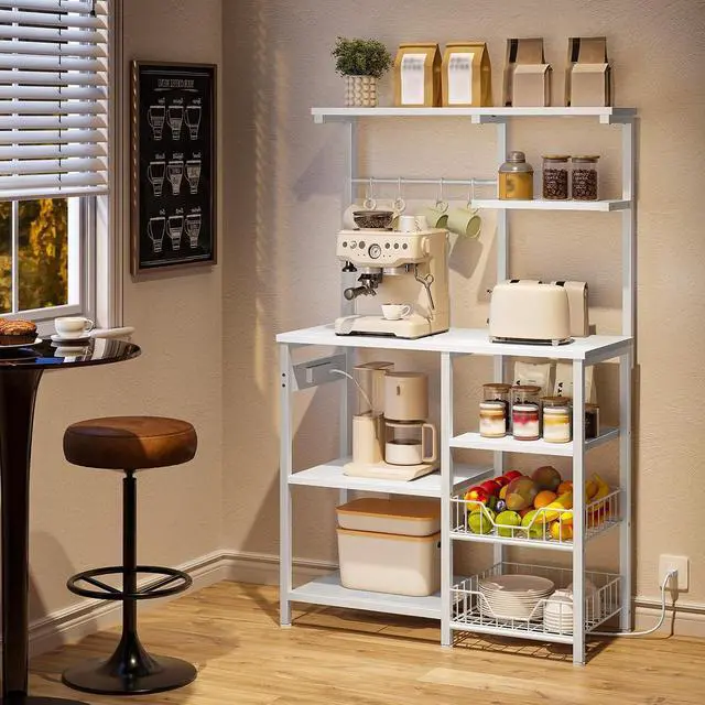 Alt view image 4 of 7 - Large Bakers Rack with Power Outlets, 6-Tier Microwave Stand with 4 Hooks, Coffee Bar, Kitchen Shelf with Wire Basket, for Kitchen, Living Room, Office, White WW64UHB01