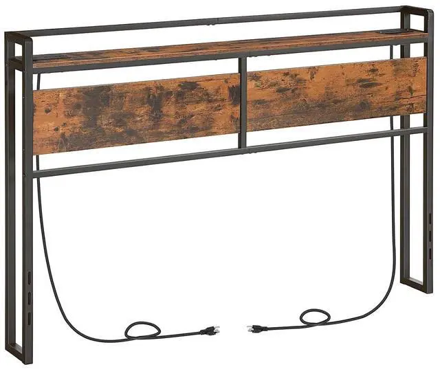 Main image of Headboard Queen Size, Headboard with 2 Outlets and 4 USB Ports, Adjustable Height, Storage Rack, Sturdy and Stable, Easy Assembly, Rustic Brown and Black