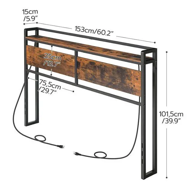 Alt view image 3 of 7 - Headboard Queen Size, Headboard with 2 Outlets and 4 USB Ports, Adjustable Height, Storage Rack, Sturdy and Stable, Easy Assembly, Rustic Brown and Black