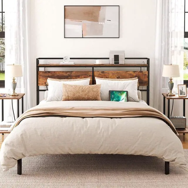 Alt view image 2 of 7 - Headboard Queen Size, Headboard with 2 Outlets and 4 USB Ports, Adjustable Height, Storage Rack, Sturdy and Stable, Easy Assembly, Rustic Brown and Black