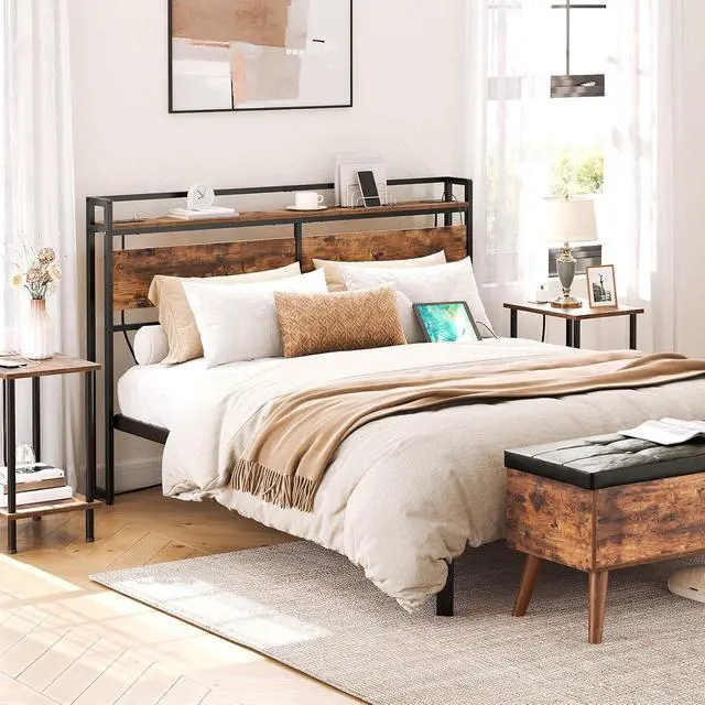 Alt view image 4 of 7 - Headboard Queen Size, Headboard with 2 Outlets and 4 USB Ports, Adjustable Height, Storage Rack, Sturdy and Stable, Easy Assembly, Rustic Brown and Black