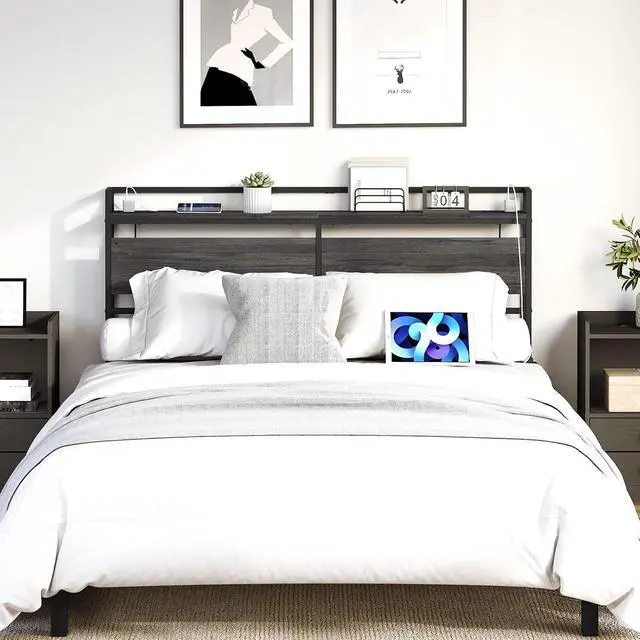 Alt view image 2 of 7 - Headboard Queen Size, Headboard with 2 Outlets and 4 USB Ports, Adjustable Height, Storage Rack, Sturdy and Stable, Easy Assembly, Charcoal Gray and Black