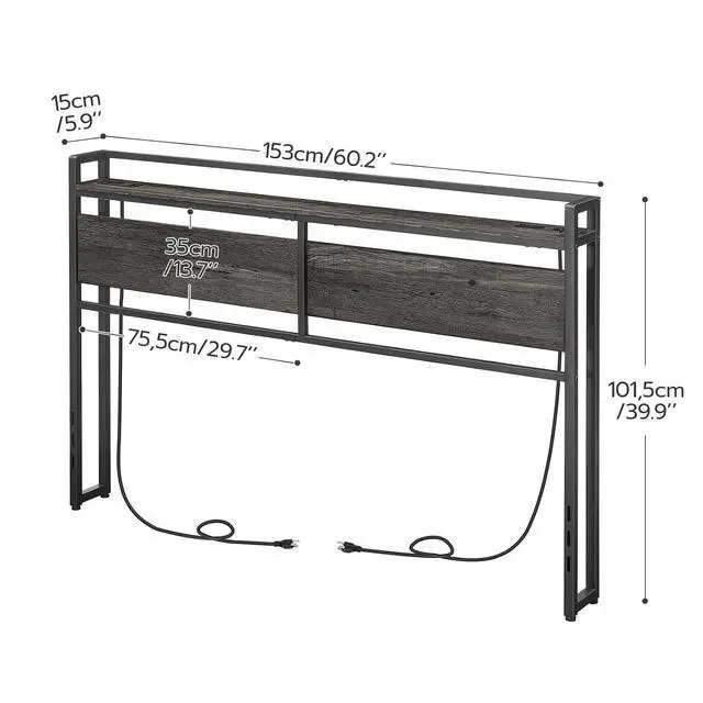 Alt view image 3 of 7 - Headboard Queen Size, Headboard with 2 Outlets and 4 USB Ports, Adjustable Height, Storage Rack, Sturdy and Stable, Easy Assembly, Charcoal Gray and Black