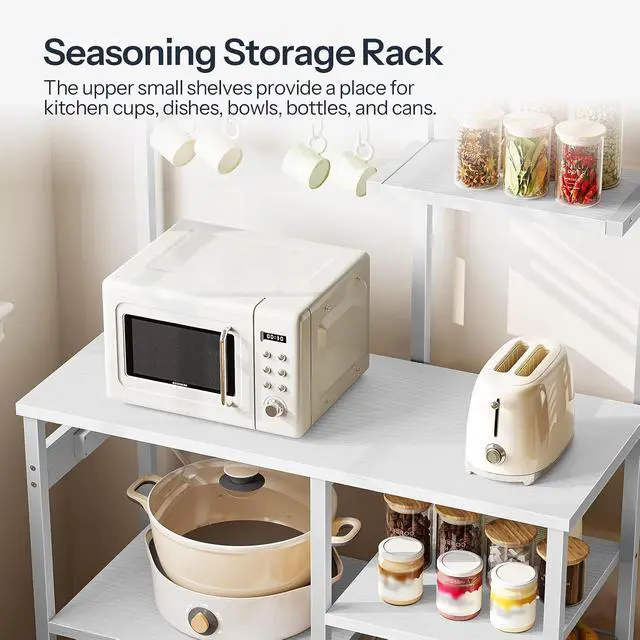 Alt view image 7 of 7 - Large Bakers Rack with Power Outlets, 6-Tier Microwave Stand with 4 Hooks, Coffee Bar, Kitchen Shelf with Wire Basket, for Kitchen, Living Room, Office, White WW64UHB01