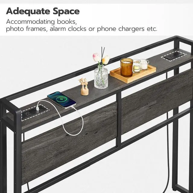 Alt view image 4 of 7 - Headboard Queen Size, Headboard with 2 Outlets and 4 USB Ports, Adjustable Height, Storage Rack, Sturdy and Stable, Easy Assembly, Charcoal Gray and Black