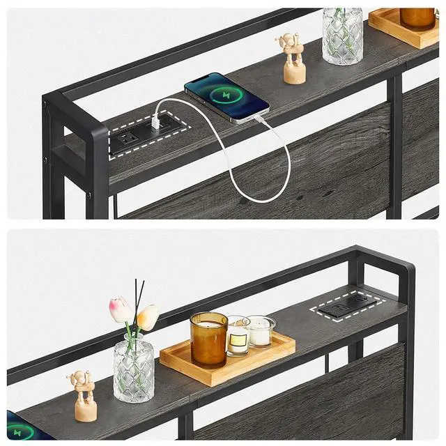 Alt view image 7 of 7 - Headboard Queen Size, Headboard with 2 Outlets and 4 USB Ports, Adjustable Height, Storage Rack, Sturdy and Stable, Easy Assembly, Charcoal Gray and Black