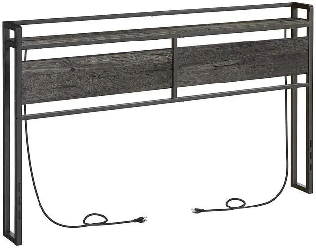 Main image of King Size Headboard, Headboard with 2 Outlets and 4 USB Ports, Adjustable Height, Storage Rack, Sturdy and Stable, Easy Assembly, Charcoal Gray and Black