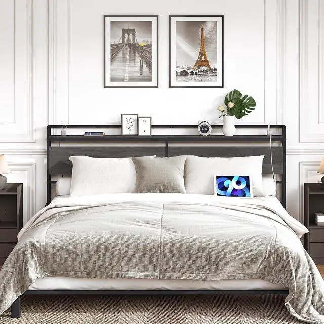 Alt view image 2 of 7 - King Size Headboard, Headboard with 2 Outlets and 4 USB Ports, Adjustable Height, Storage Rack, Sturdy and Stable, Easy Assembly, Charcoal Gray and Black