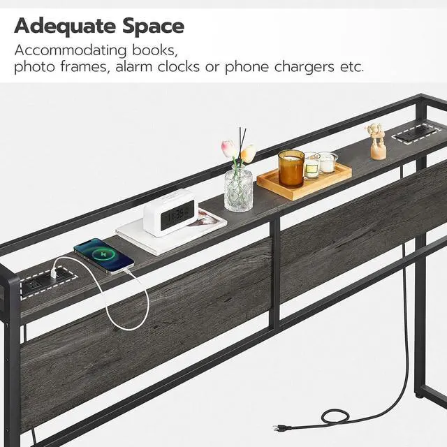 Alt view image 4 of 7 - King Size Headboard, Headboard with 2 Outlets and 4 USB Ports, Adjustable Height, Storage Rack, Sturdy and Stable, Easy Assembly, Charcoal Gray and Black