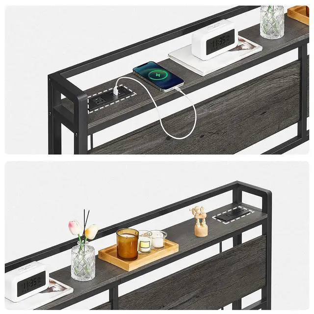 Alt view image 7 of 7 - King Size Headboard, Headboard with 2 Outlets and 4 USB Ports, Adjustable Height, Storage Rack, Sturdy and Stable, Easy Assembly, Charcoal Gray and Black