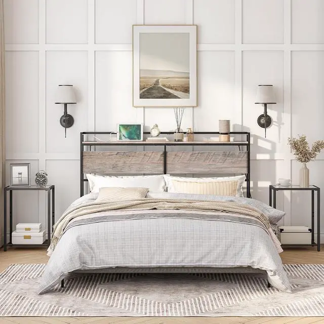 Alt view image 2 of 7 - Full Size Headboard, Headboard with 2 Outlets and 4 USB Ports, Adjustable Height, Storage Rack, Sturdy and Stable, Easy Assembly, Greige and Black