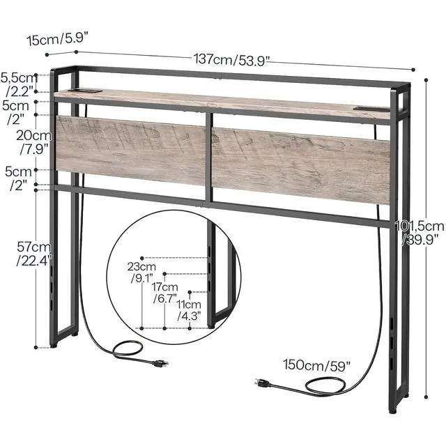 Alt view image 3 of 7 - Full Size Headboard, Headboard with 2 Outlets and 4 USB Ports, Adjustable Height, Storage Rack, Sturdy and Stable, Easy Assembly, Greige and Black