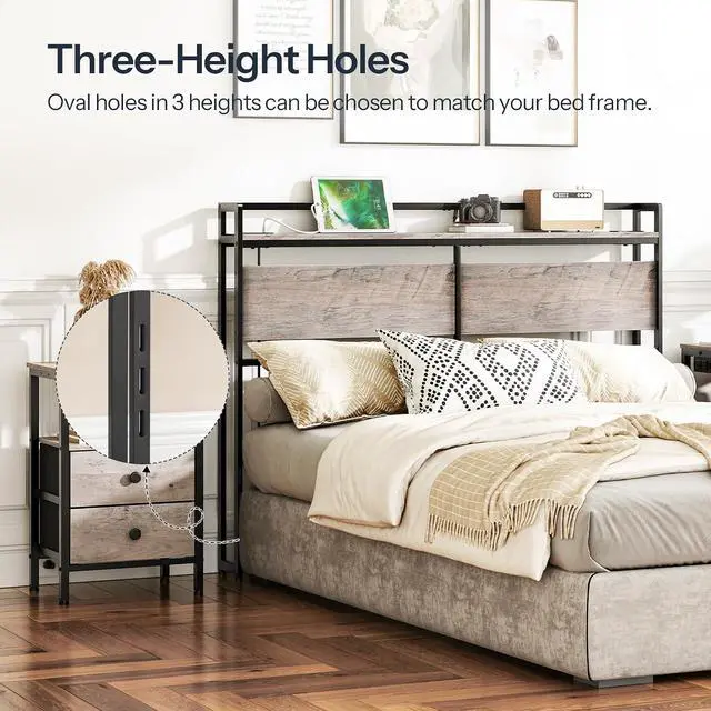 Alt view image 4 of 7 - Full Size Headboard, Headboard with 2 Outlets and 4 USB Ports, Adjustable Height, Storage Rack, Sturdy and Stable, Easy Assembly, Greige and Black
