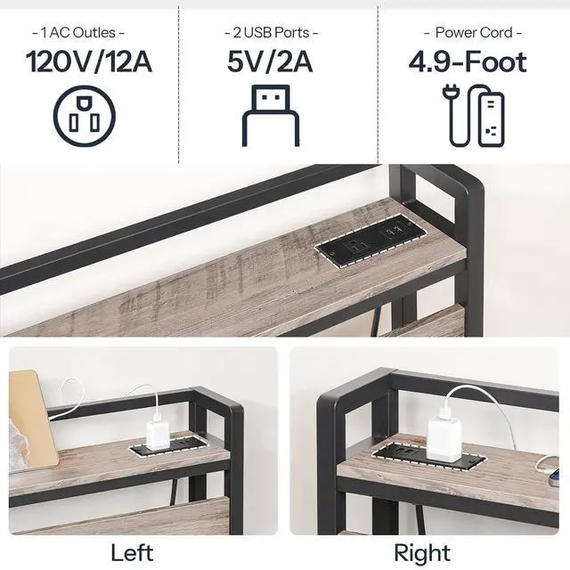Alt view image 5 of 7 - Full Size Headboard, Headboard with 2 Outlets and 4 USB Ports, Adjustable Height, Storage Rack, Sturdy and Stable, Easy Assembly, Greige and Black