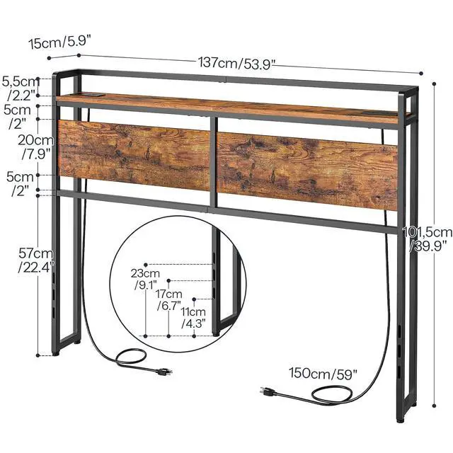 Alt view image 3 of 7 - Headboard Full Size, Headboard with 2 Outlets and 4 USB Ports, Adjustable Height, Storage Rack, Sturdy and Stable, Easy Assembly, Rustic Brown and Black