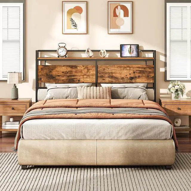 Alt view image 2 of 7 - Headboard Full Size, Headboard with 2 Outlets and 4 USB Ports, Adjustable Height, Storage Rack, Sturdy and Stable, Easy Assembly, Rustic Brown and Black