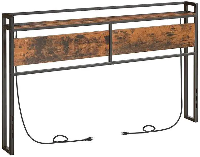 Main image of King Size Headboard, Headboard with 2 Outlets and 4 USB Ports, Adjustable Height, Storage Rack, Sturdy and Stable, Easy Assembly, Rustic Brown and Black