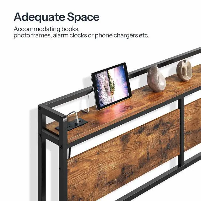 Alt view image 6 of 7 - Headboard Full Size, Headboard with 2 Outlets and 4 USB Ports, Adjustable Height, Storage Rack, Sturdy and Stable, Easy Assembly, Rustic Brown and Black
