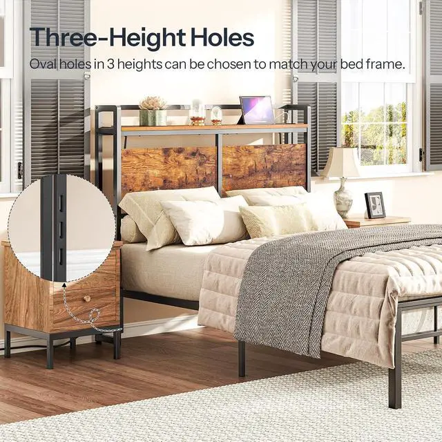 Alt view image 4 of 7 - Headboard Full Size, Headboard with 2 Outlets and 4 USB Ports, Adjustable Height, Storage Rack, Sturdy and Stable, Easy Assembly, Rustic Brown and Black