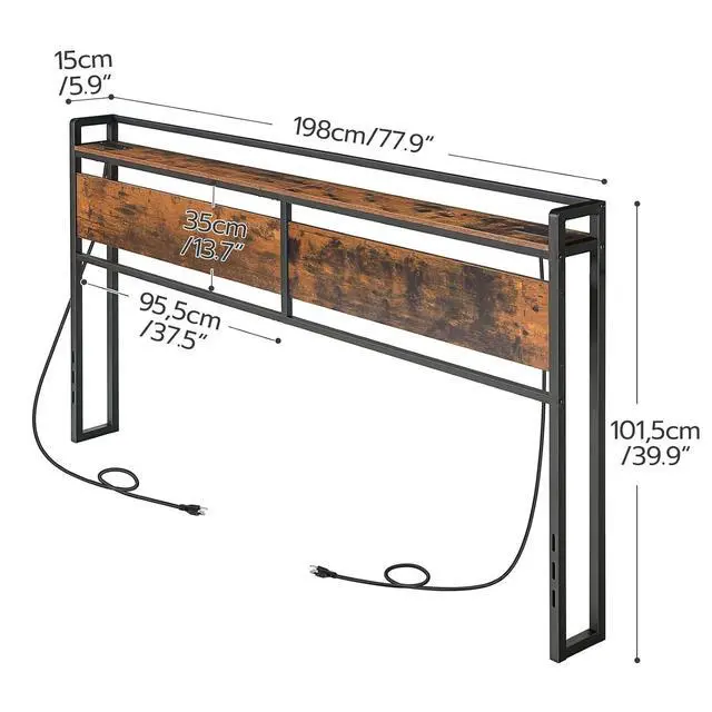Alt view image 3 of 7 - King Size Headboard, Headboard with 2 Outlets and 4 USB Ports, Adjustable Height, Storage Rack, Sturdy and Stable, Easy Assembly, Rustic Brown and Black