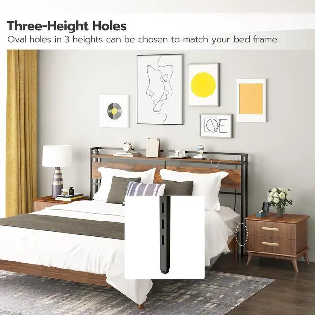 Alt view image 4 of 7 - King Size Headboard, Headboard with 2 Outlets and 4 USB Ports, Adjustable Height, Storage Rack, Sturdy and Stable, Easy Assembly, Rustic Brown and Black