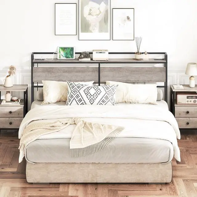 Alt view image 2 of 7 - King Size Headboard, Headboard with 2 Outlets and 4 USB Ports, Adjustable Height, Storage Rack, Sturdy and Stable, Easy Assembly, Greige and Black
