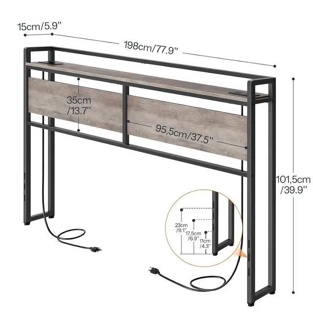 Alt view image 3 of 7 - King Size Headboard, Headboard with 2 Outlets and 4 USB Ports, Adjustable Height, Storage Rack, Sturdy and Stable, Easy Assembly, Greige and Black