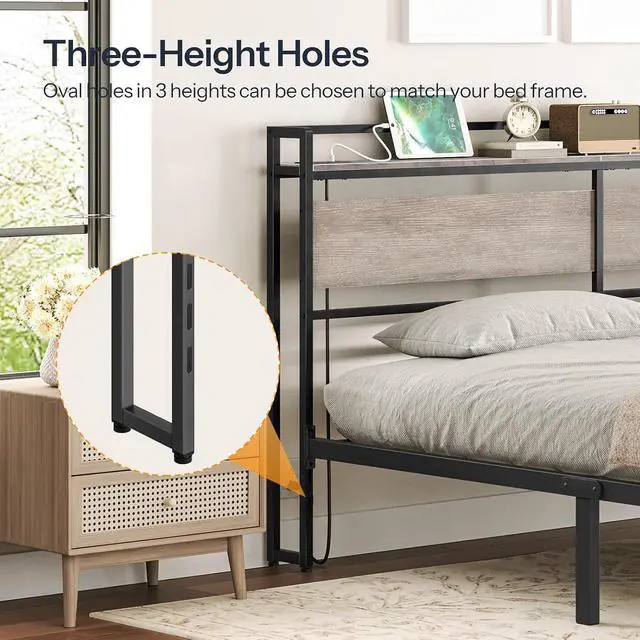 Alt view image 4 of 7 - King Size Headboard, Headboard with 2 Outlets and 4 USB Ports, Adjustable Height, Storage Rack, Sturdy and Stable, Easy Assembly, Greige and Black