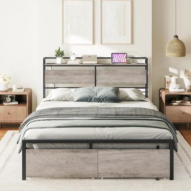 Alt view image 2 of 7 - Queen Size Headboard, Headboard with 2 Outlets and 4 USB Ports, Adjustable Height, Storage Rack, Sturdy and Stable, Easy Assembly, Greige and Black